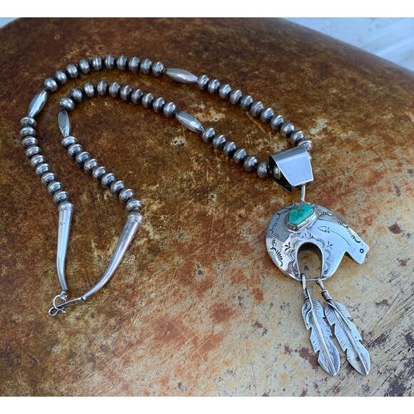 Navajo SS Beaded Necklace with Bear and Feather Pendant by JC Delgarito - Picture 10 of 11